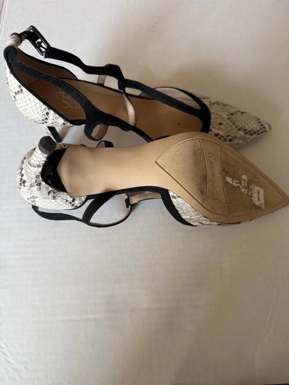 Franco Sarto Black T-Strap Snake-Print Pointed Heels - Picture 5 of 8